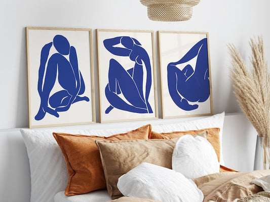 Matisse Prints Trio: Navy Blue Modern Floral Line Art