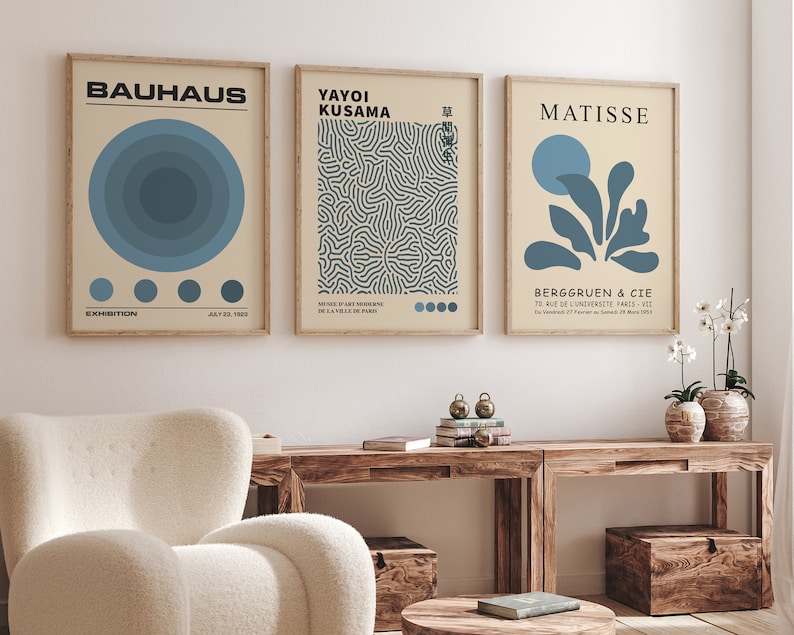 Retro Museum Print Trio: Navy Blue Matisse, Kusama, Bauhaus