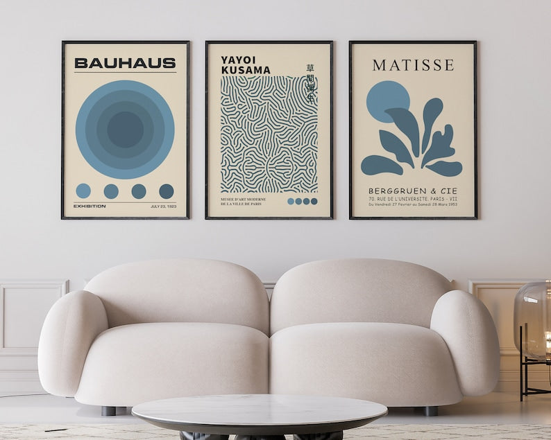 Retro Museum Print Trio: Navy Blue Matisse, Kusama, Bauhaus