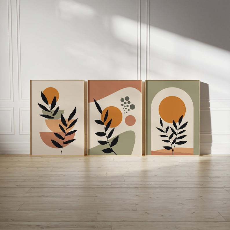 Boho Abstract Wall Art Trio: Green, Orange, Terracotta Prints