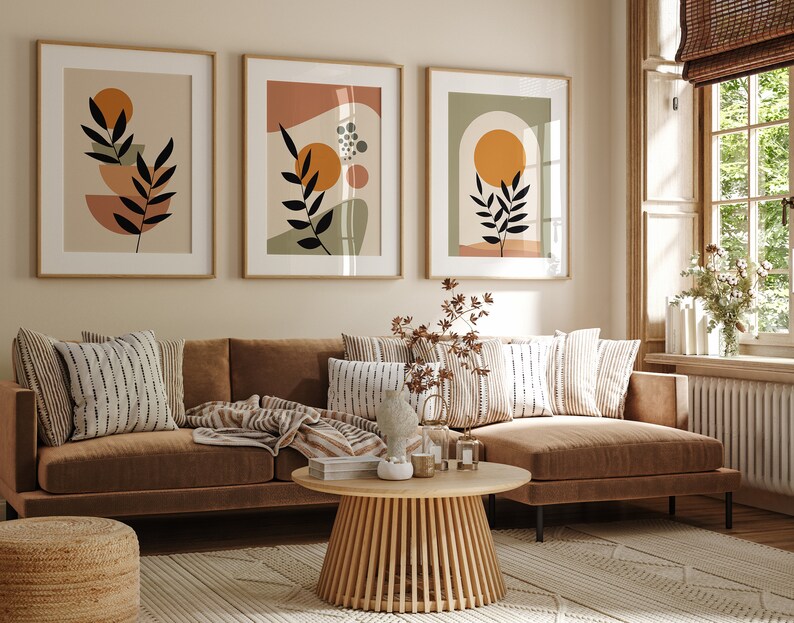 Boho Abstract Wall Art Trio: Green, Orange, Terracotta Prints