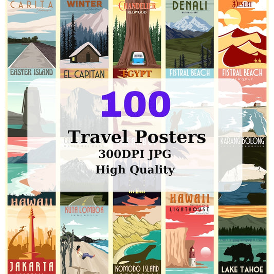 100-Piece Retro Vintage Travel Poster Collage for Wall Decor