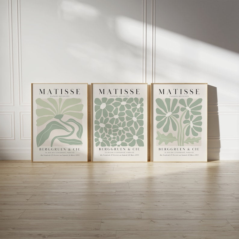 Green Matisse Flower Trio Printable Wall Art