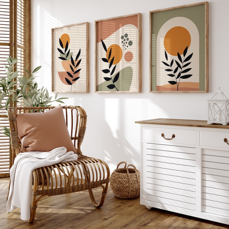 Boho Abstract Wall Art Trio: Green, Orange, Terracotta Prints