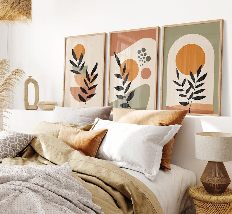 Boho Abstract Wall Art Trio: Green, Orange, Terracotta Prints