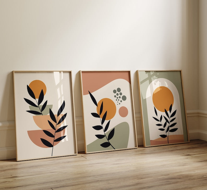 Boho Abstract Wall Art Trio: Green, Orange, Terracotta Prints