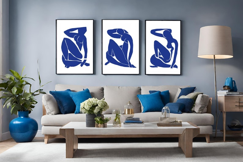 Exquisite Matisse Wall Art Trio: Abstract Navy Blue Masterpieces for Living Room Decor