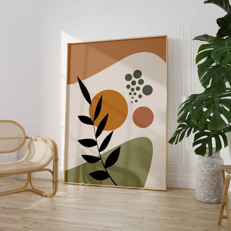 Boho Abstract Wall Art Trio: Green, Orange, Terracotta Prints