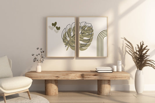 Tranquil Boho Wall Canvas: Sage & Lime Green Abstract Monstera Prints (Set of 2)