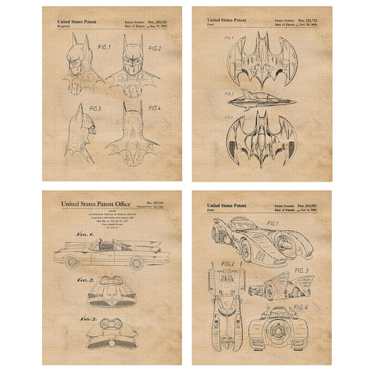 Unframed Vintage Superhero Patent Prints (Set of 4)