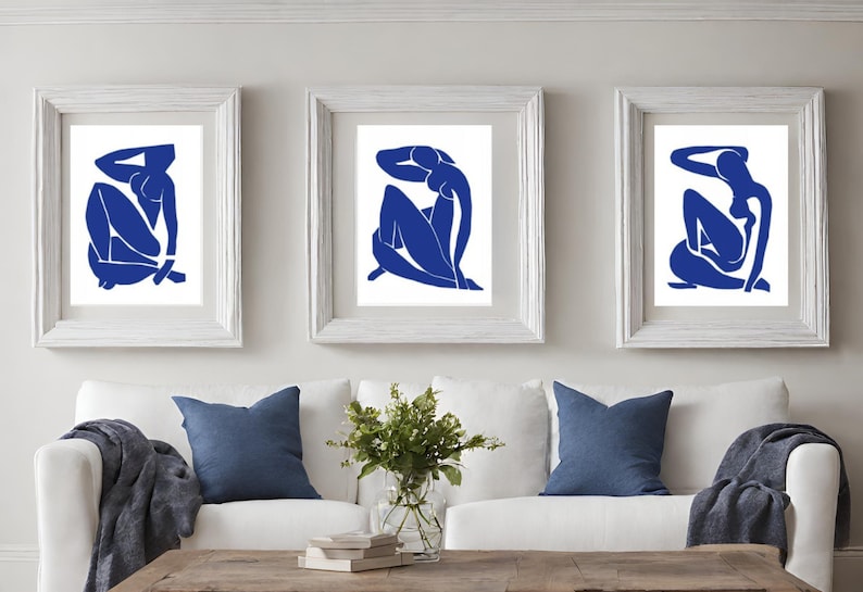 Exquisite Matisse Wall Art Trio: Abstract Navy Blue Masterpieces for Living Room Decor