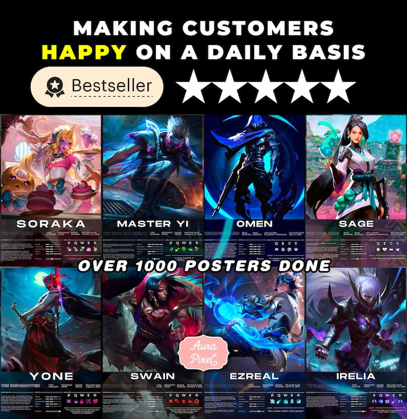 Personalized League of Legends Poster - Featuring Ahri, Kai'Sa, Rakan, Darius, Fiora, Ezreal, Jhin, Kindred