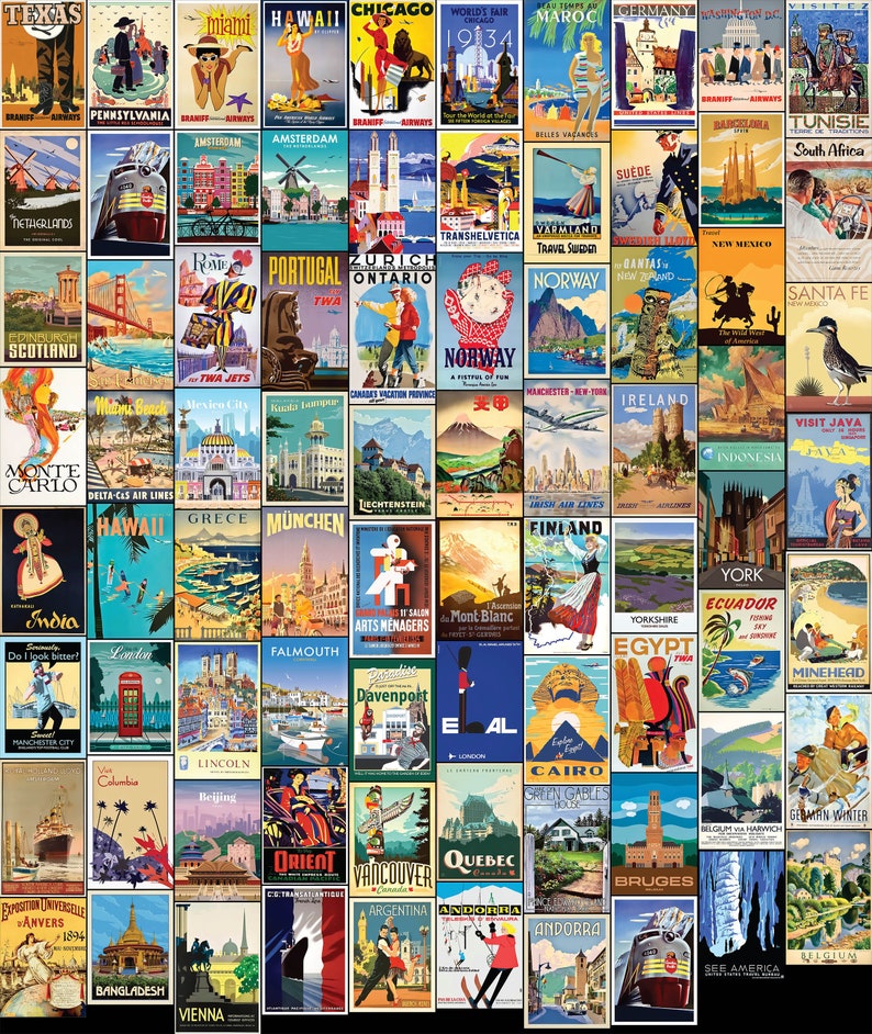 Vintage Travel Posters Bundle: 78 Digital Ads and Postcards for Commercial Use