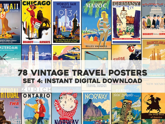 Vintage Travel Posters Bundle: 78 Digital Ads and Postcards for Commercial Use